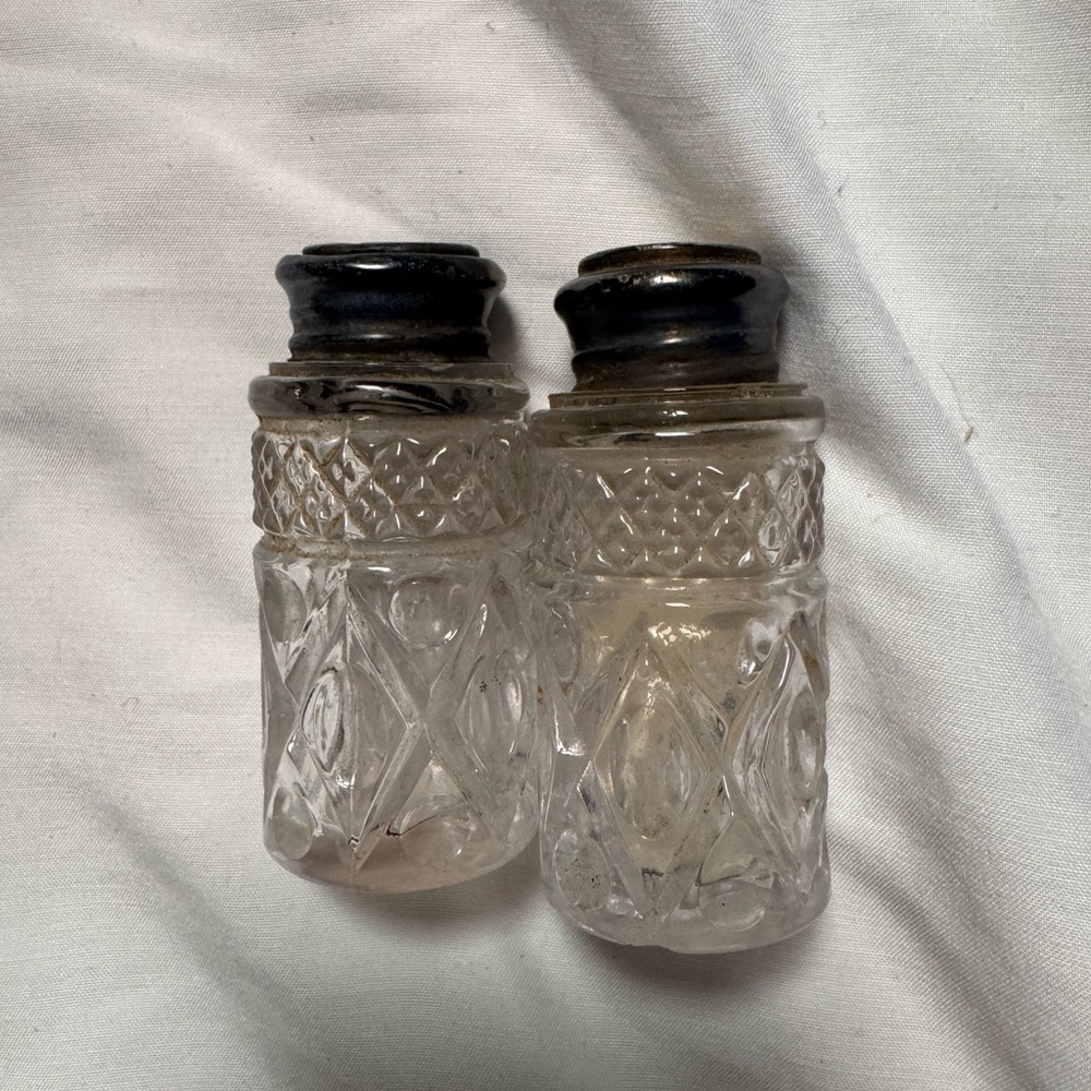 Vintage crystal salt and pepper shaker-  sterling silver and mother of pearl top